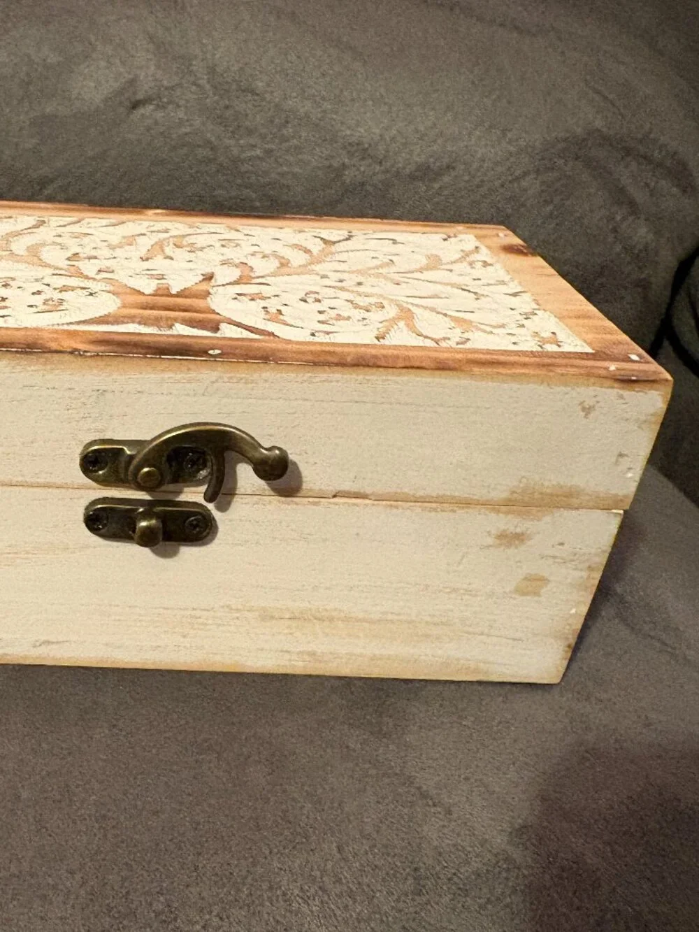 Carved Mango Wooden Box-Rustic Farmhouse w/ Hinged Lid-Whitewashed-8